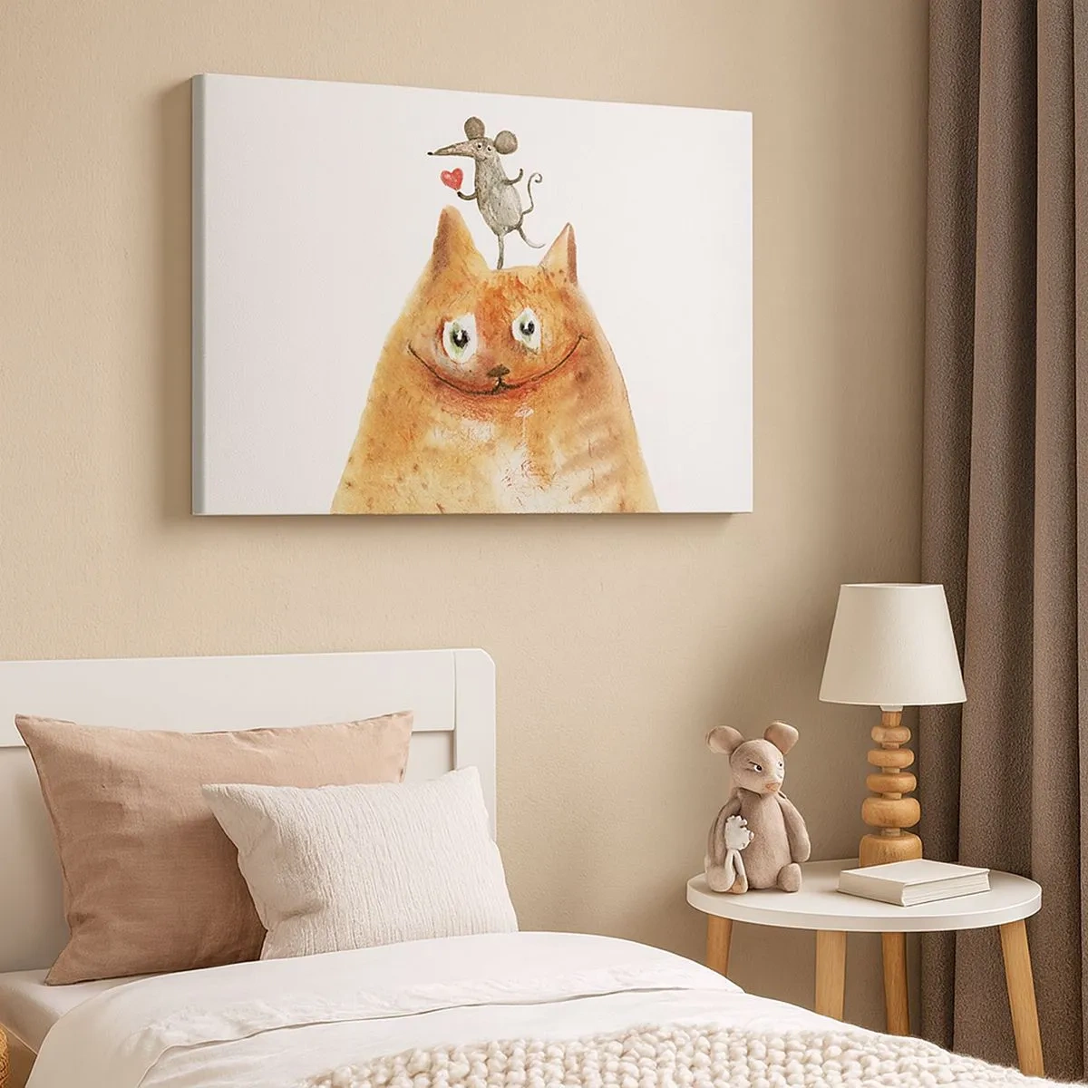 Canvas picture - A drawing of a cat with a mouse on its head holding a heart - 70x50cm - Love Paradoxes - Modern wall decoration for the living room and bedroom ARTTOR