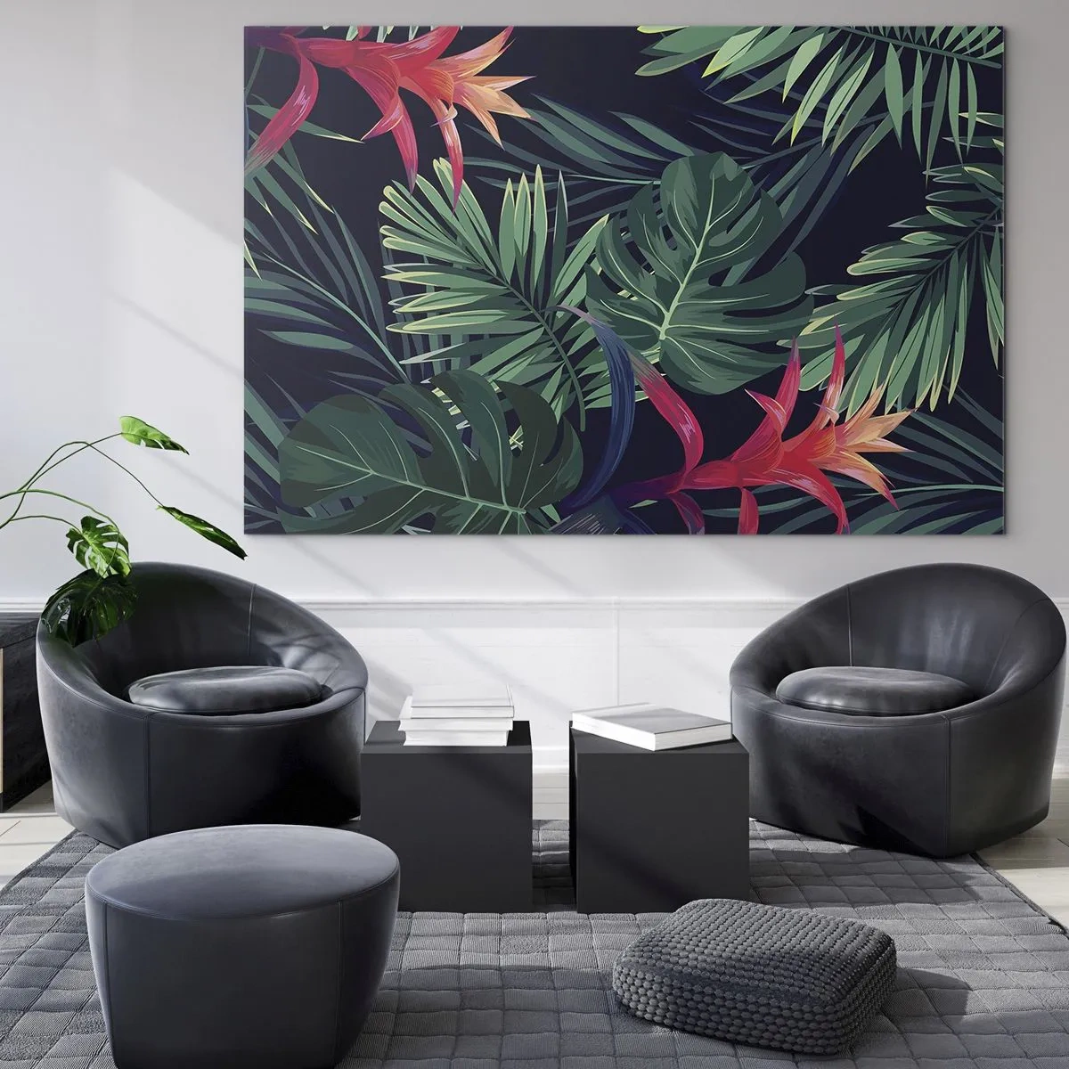 Glass picture - Exotic leaves and flowers on a dark background - 70x50cm - Burn in Green - Modern wall decoration for the living room and bedroom ARTTOR
