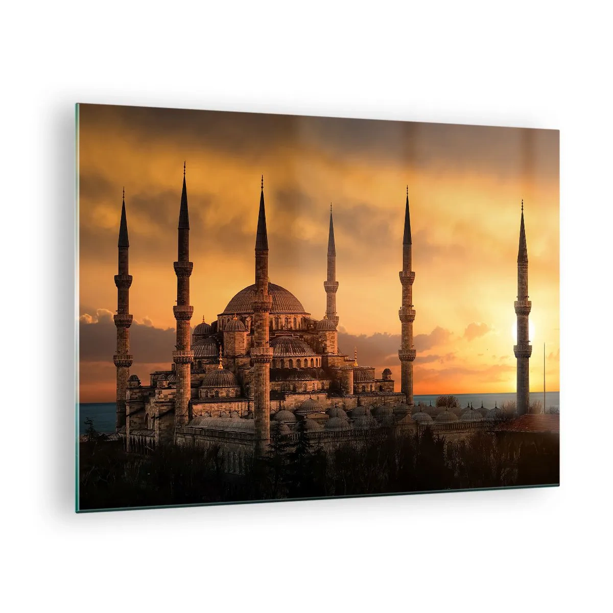 Glass picture - The Blue Mosque against the backdrop of the sunset - 70x50cm - God Is Great - Modern wall decoration for the living room and bedroom ARTTOR