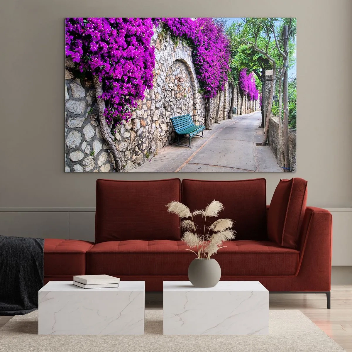 Glass picture - A stone wall with purple flowers and a bench along the path - 70x50cm - Let's Meet - Modern wall decoration for the living room and bedroom ARTTOR