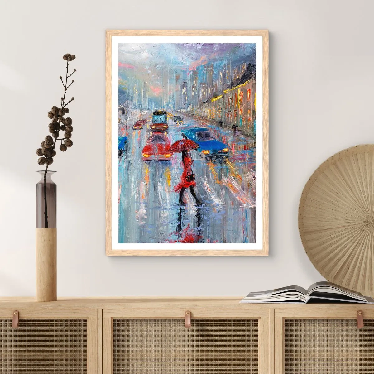 Poster in light oak frame - Rainy Afternoon in a City - 50x70 cm