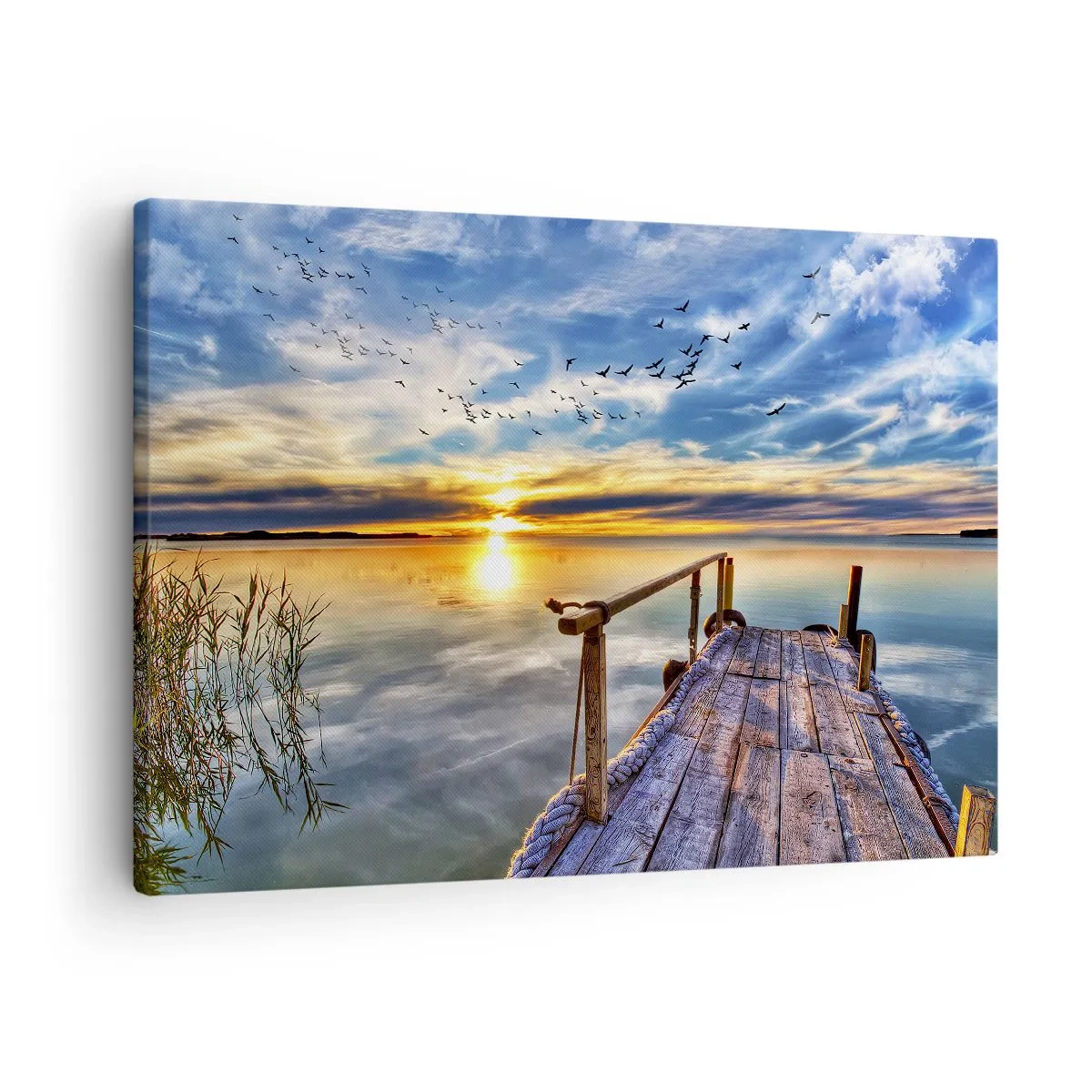 Canvas picture - Wooden jetty over the lake at sunset - 70x50cm - Wind is Taking a Break - Modern wall decoration for the living room and bedroom ARTTOR