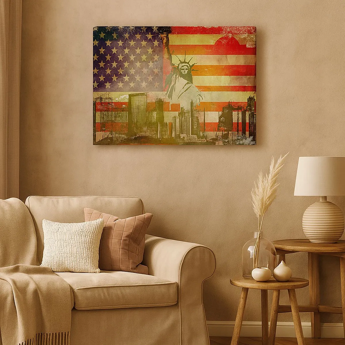 Canvas picture - The Statue of Liberty against the backdrop of the American flag and the city skyline - 70x50cm - Viva America! - Modern wall decoration for the living room and bedroom ARTTOR