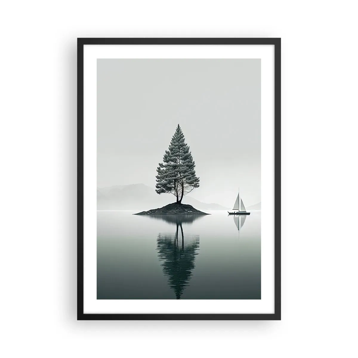 Poster in black frame - A lonely tree on an island with a reflection in the water - 50x70cm - Daydreaming - Modern wall decoration for the living room and bedroom ARTTOR