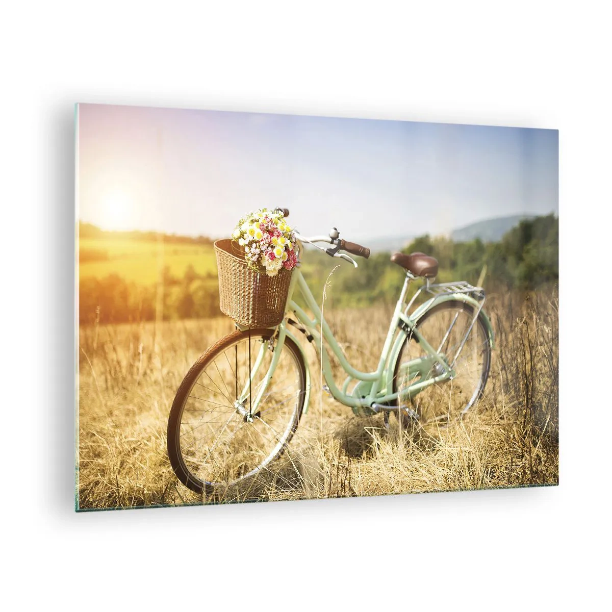 Glass picture - Retro bicycle with flowers against a natural background - 70x50cm - I will Stay Here for a While - Modern wall decoration for the living room and bedroom ARTTOR