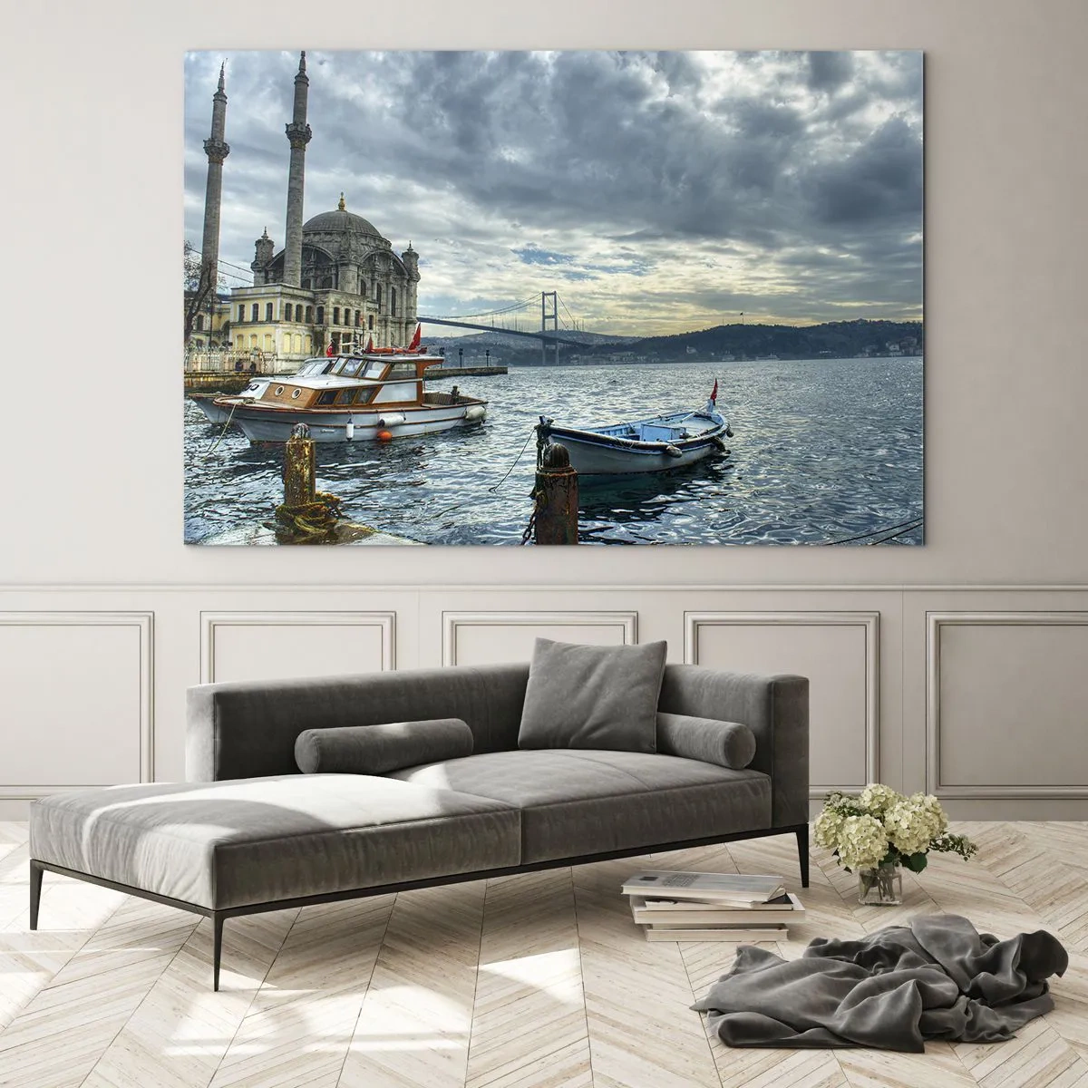 Glass picture - View of the mosque, bridge and boats at the quay - 70x50cm - Between Worlds - Modern wall decoration for the living room and bedroom ARTTOR