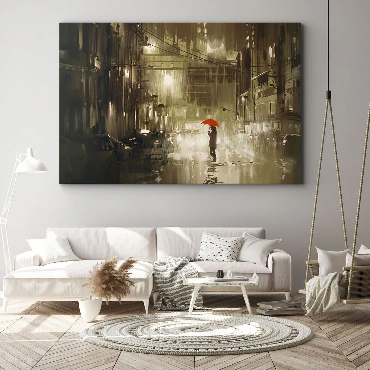 Canvas picture - A figure with a red umbrella in a rainy city - 70x50cm - Alone But Not Lonely - Modern wall decoration for the living room and bedroom ARTTOR