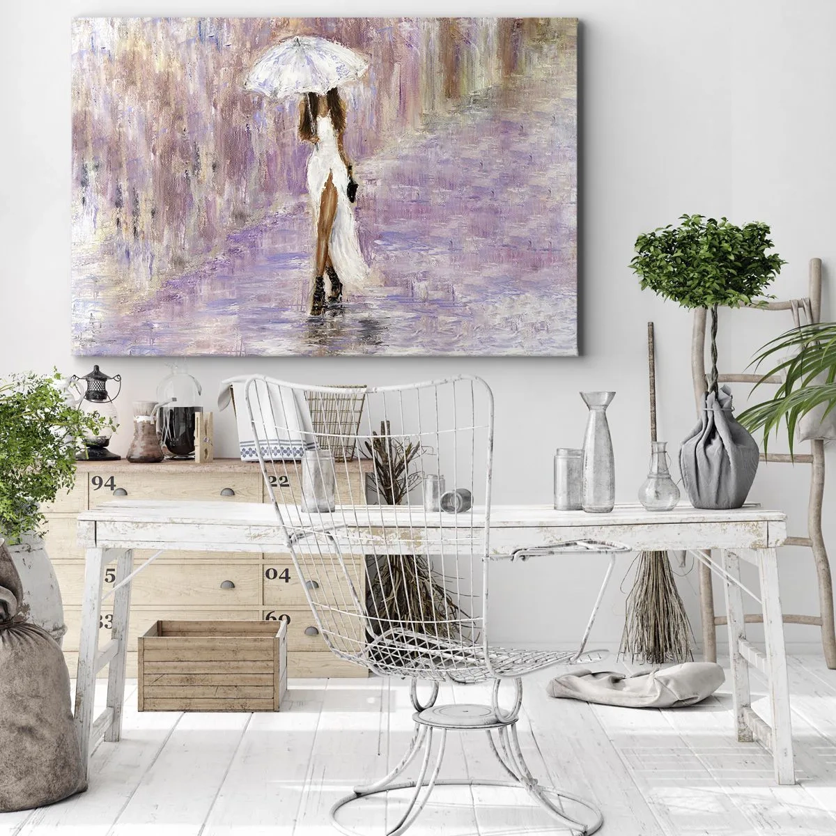 Canvas picture - woman with an umbrella walking in the rain in lilac tones - 70x50cm - In Liliac Rain - Modern wall decoration for the living room and bedroom ARTTOR