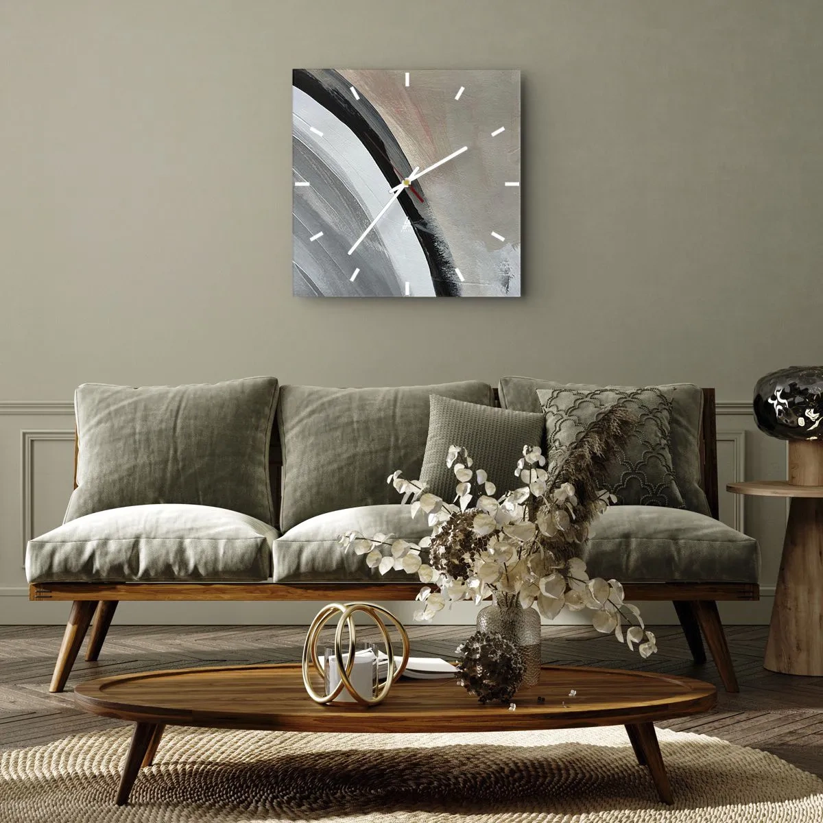Wall clock - Clock on glass - Composition: Arc of Black and Grey - 30x30 cm