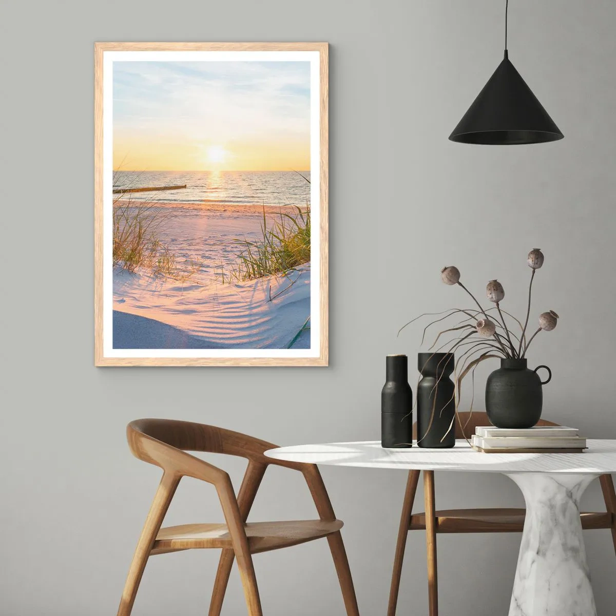 Poster in light oak frame - Sound of the Sea, Singing of the Birds, Wild Beach among Grass - 40x50 cm