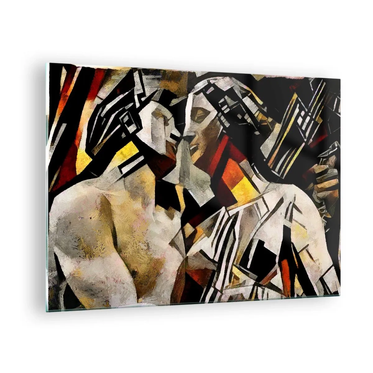 Glass picture - Abstract couple in geometric patterns - 70x50cm - Kiss Of A Statue - Modern wall decoration for the living room and bedroom ARTTOR