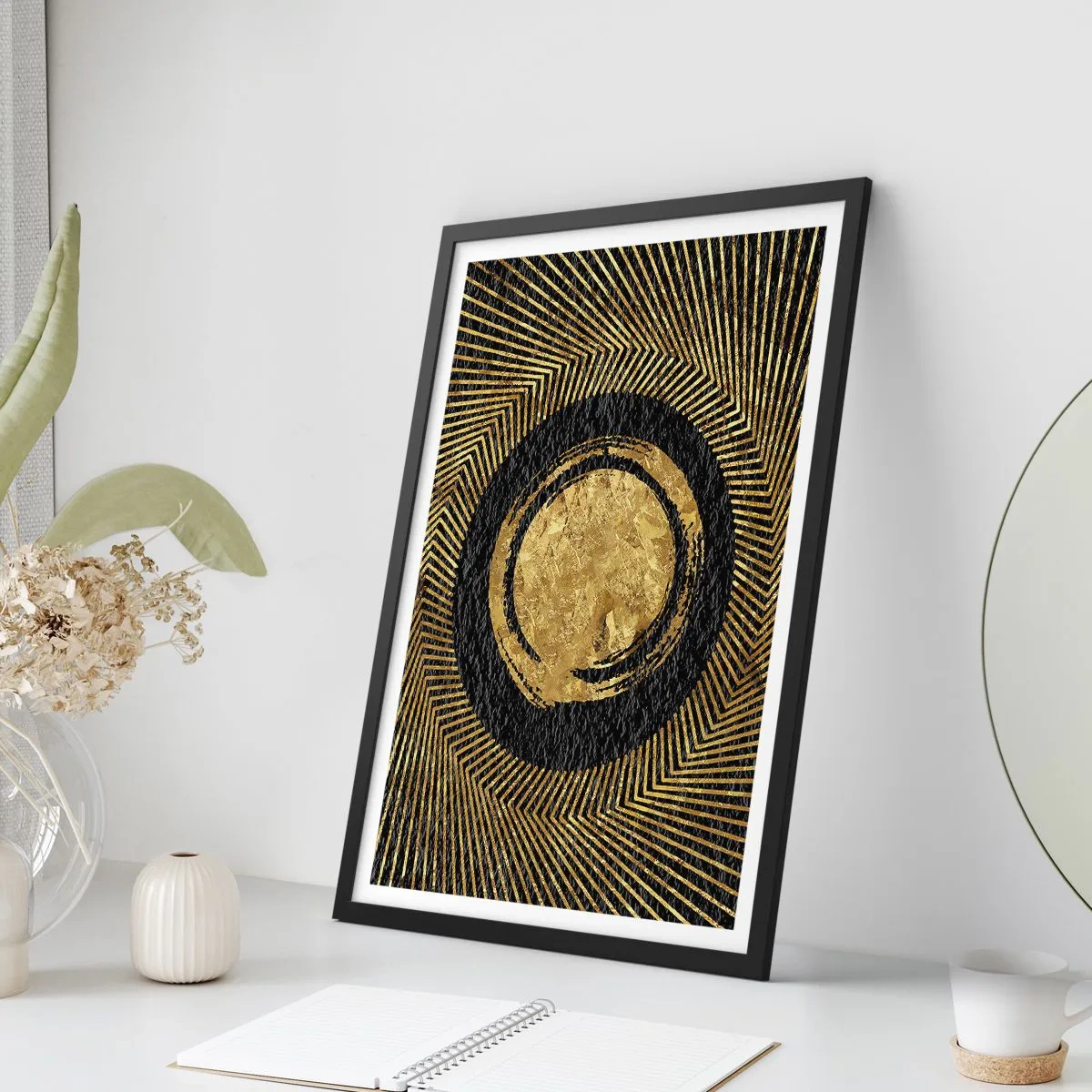Poster in black frame - Golden geometric abstraction on a black background - 50x70cm - Composition Glamour - Modern wall decoration for the living room and bedroom ARTTOR