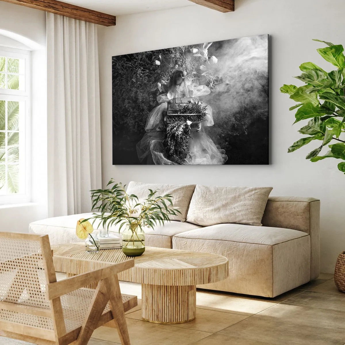 Canvas picture - A black and white composition with a figure in a dress and a cage in the fog. - 70x50cm - Mother Nature - Modern wall decoration for the living room and bedroom ARTTOR