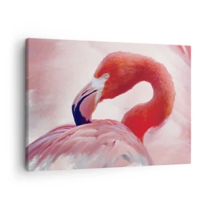 Canvas picture - A flamingo in pink tones on a light background - 70x50cm - Bird Look - Modern wall decoration for the living room and bedroom ARTTOR