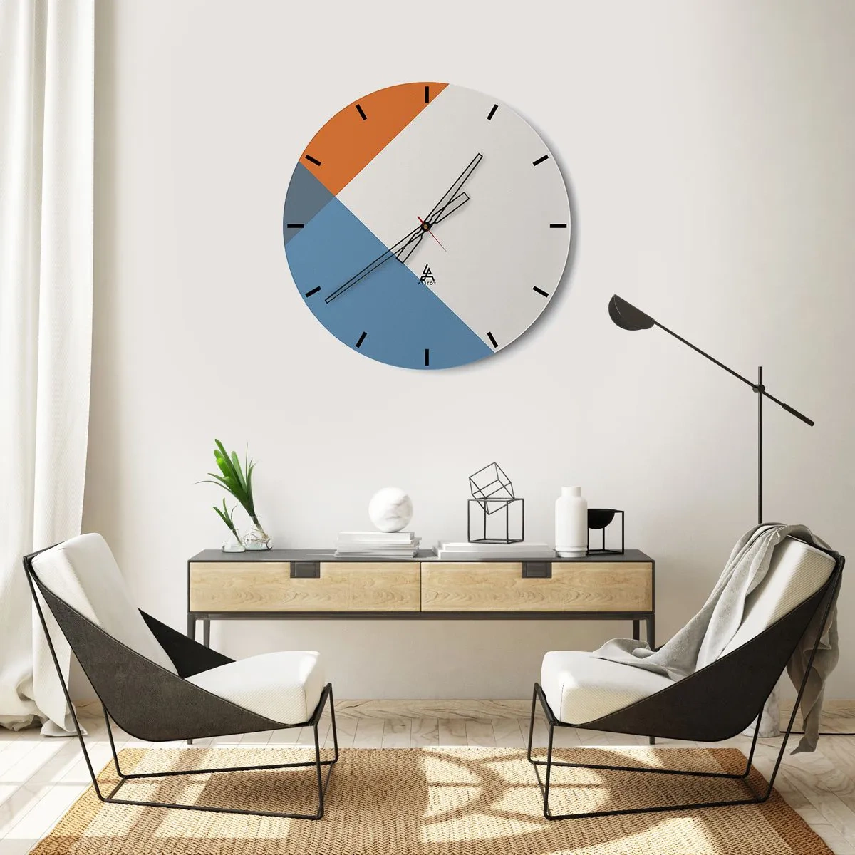 Wall clock - Clock on glass - Abstract geometric patterns in earthy and blue tones - 30x30cm - At an Angle… - Modern wall decoration for the living room, kitchen, and bedroom ARTTOR
