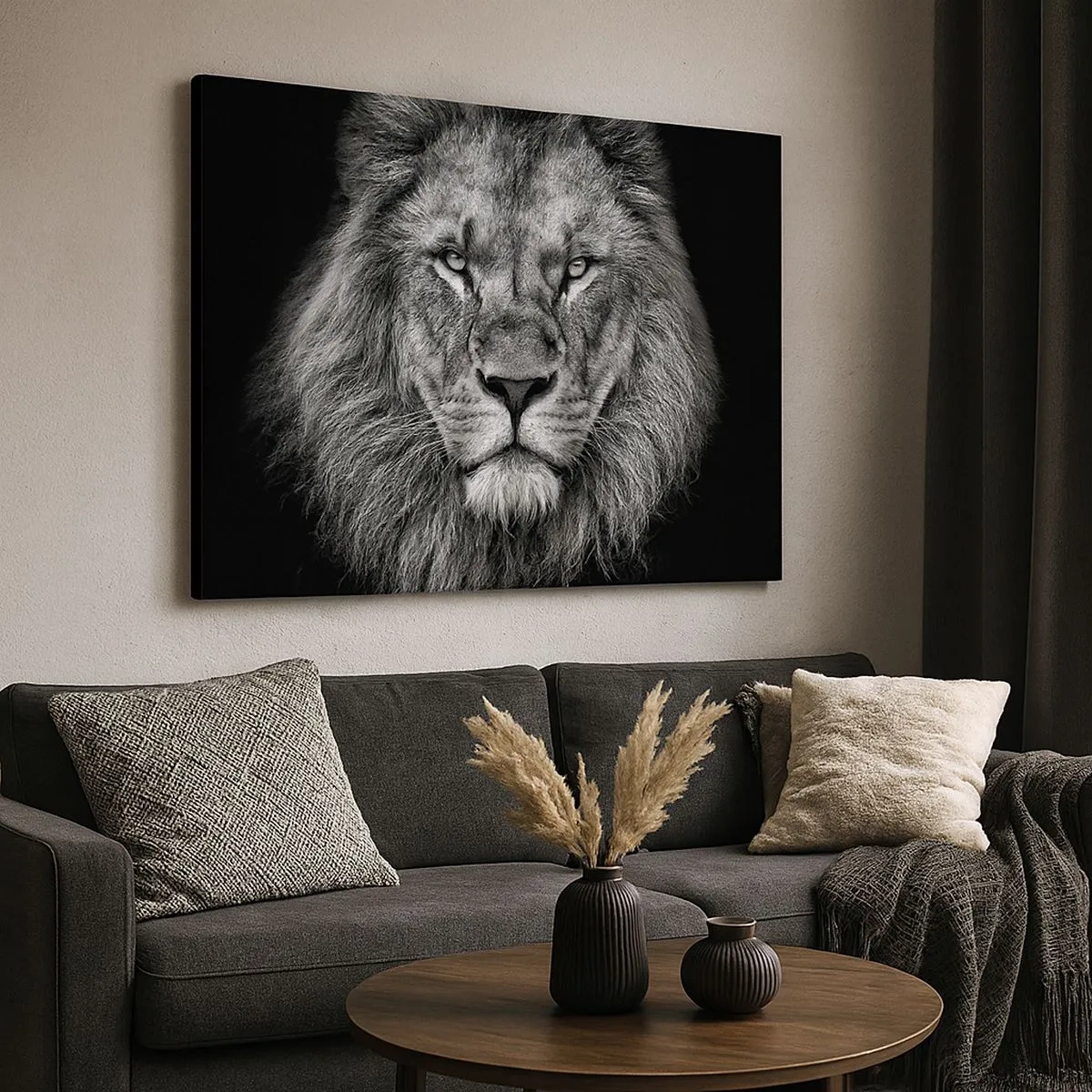 Canvas picture - Portrait of a majestic lion in black and white - 70x50cm - In Coronation Clothes - Modern wall decoration for the living room and bedroom ARTTOR