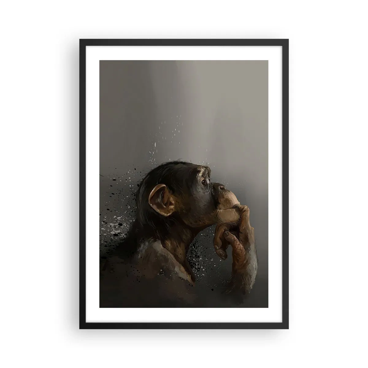 Poster in black frame - Portrait of a thinking monkey in soft gray tones with an abstract background - 50x70cm - Certainly a Thinker - Modern wall decoration for the living room and bedroom ARTTOR