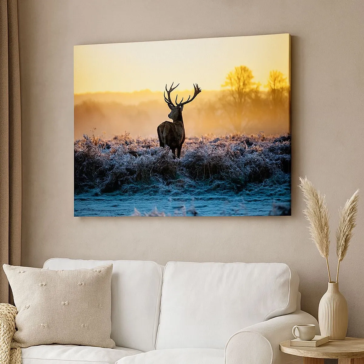 Canvas picture - A deer in a frosty clearing at sunrise - 70x50cm - Crowned in Its Kingdom - Modern wall decoration for the living room and bedroom ARTTOR