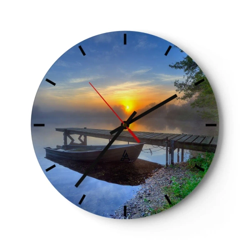 Wall clock - Clock on glass - A boat at the pier during sunrise over the lake - 30x30cm - When Ordinary Changes into Magic - Modern wall decoration for the living room, kitchen, and bedroom ARTTOR