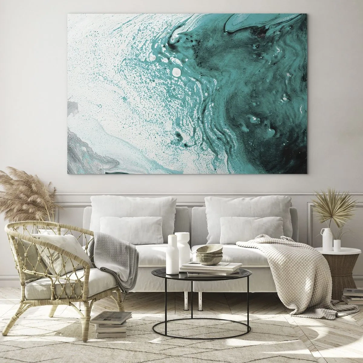 Glass picture - An abstract painting in shades of white and turquoise - 70x50cm - Dissolving in White and Turquoise - Modern wall decoration for the living room and bedroom ARTTOR