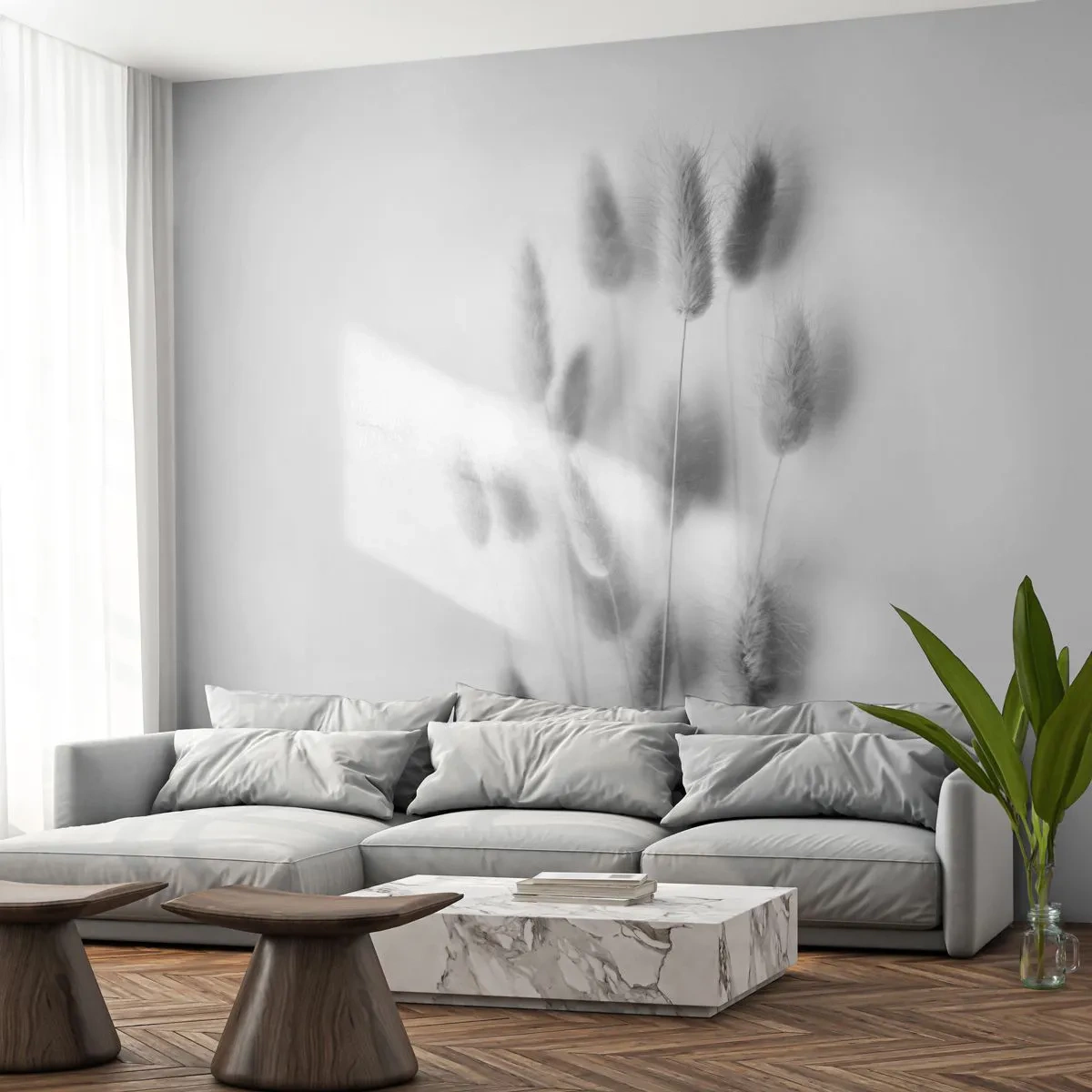 Photo Wallpaper Premium Canvas - Her Softness Grass - Grass, Black and white, Flowers - 450x315 cm