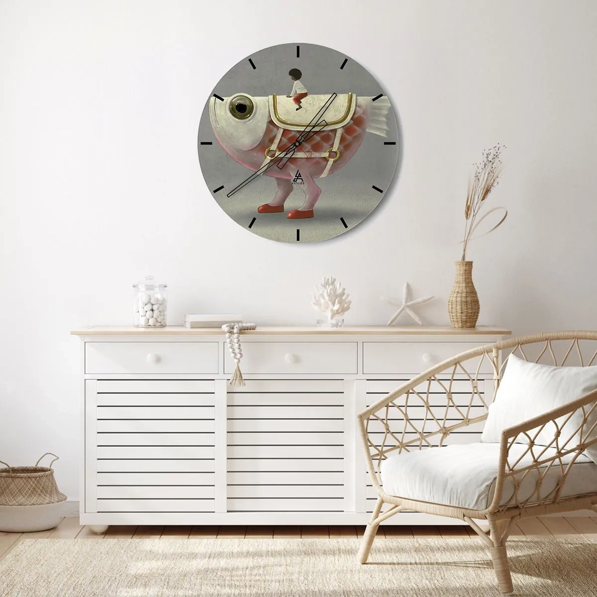 Wall clock - Clock on glass - Fish Jockey - 30x30 cm