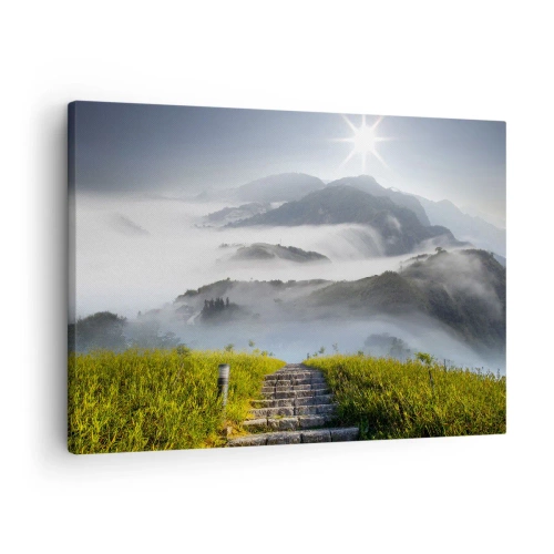 Canvas picture - Stone stairs leading up through the mountains shrouded in morning mist - 70x50cm - Upwards towards the Clouds - Modern wall decoration for the living room and bedroom ARTTOR