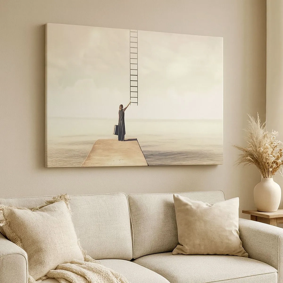 Canvas picture - A woman standing on a pier with a ladder leading up to the sky - 70x50cm - Magical Trip - Modern wall decoration for the living room and bedroom ARTTOR
