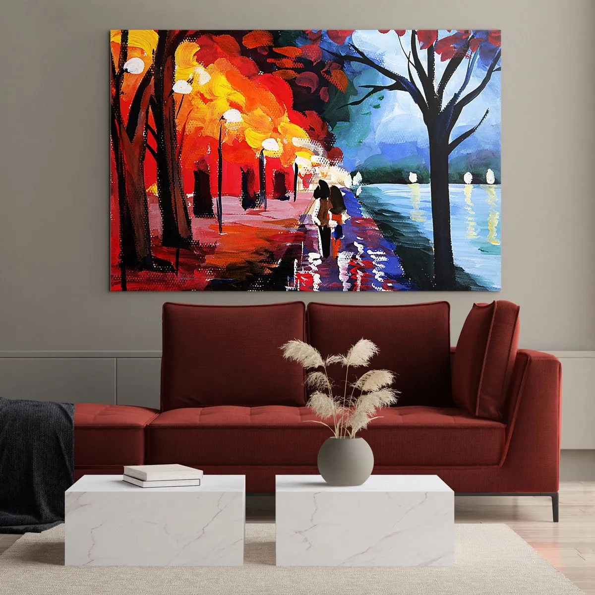 Glass picture - A couple walking in a colorful park in the evening - 70x50cm - Flaming Autumn in the Park - Modern wall decoration for the living room and bedroom ARTTOR