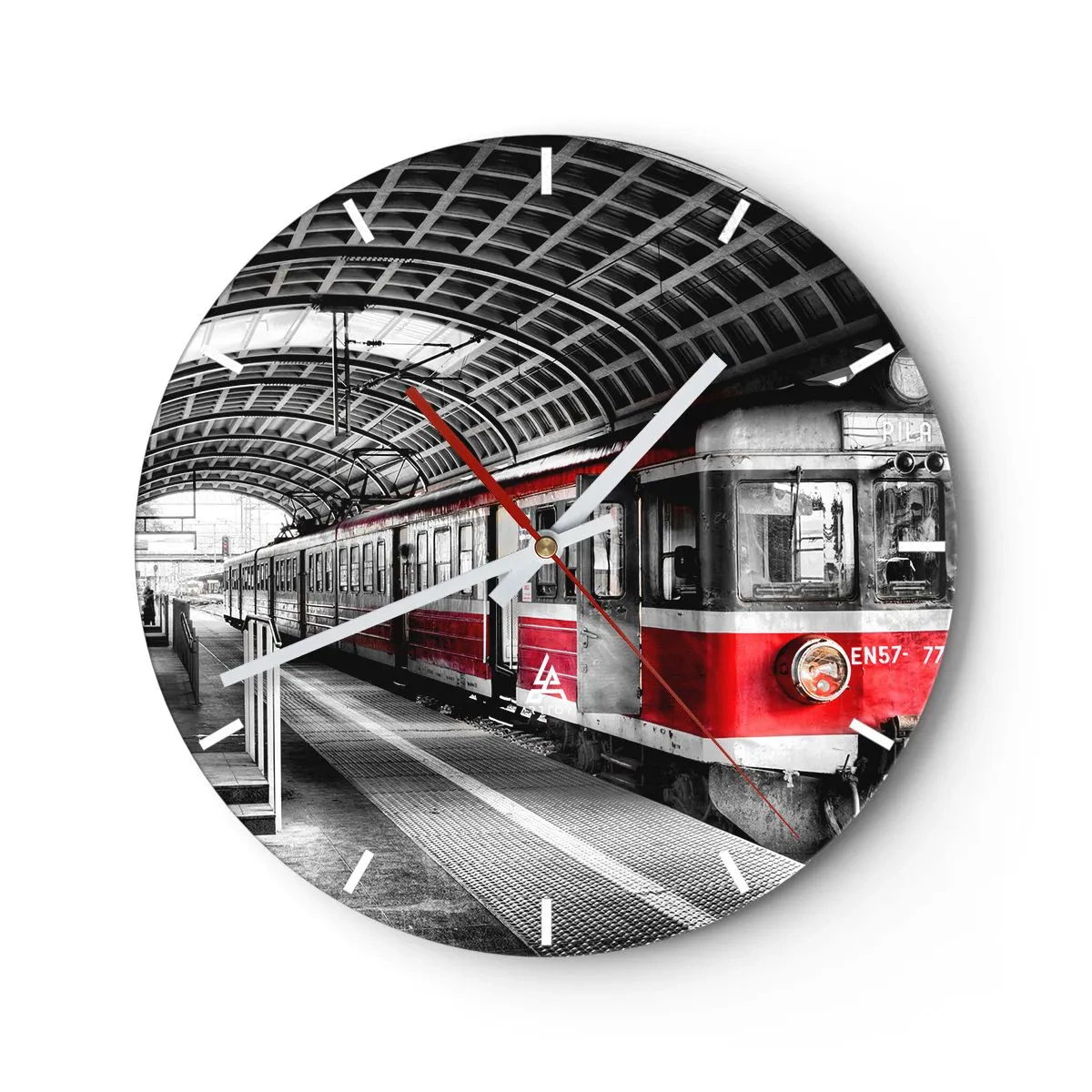 Wall clock - Clock on glass - Red train at the station in an industrial style - 30x30cm - It Might Be a Trip of Life - Modern wall decoration for the living room, kitchen, and bedroom ARTTOR