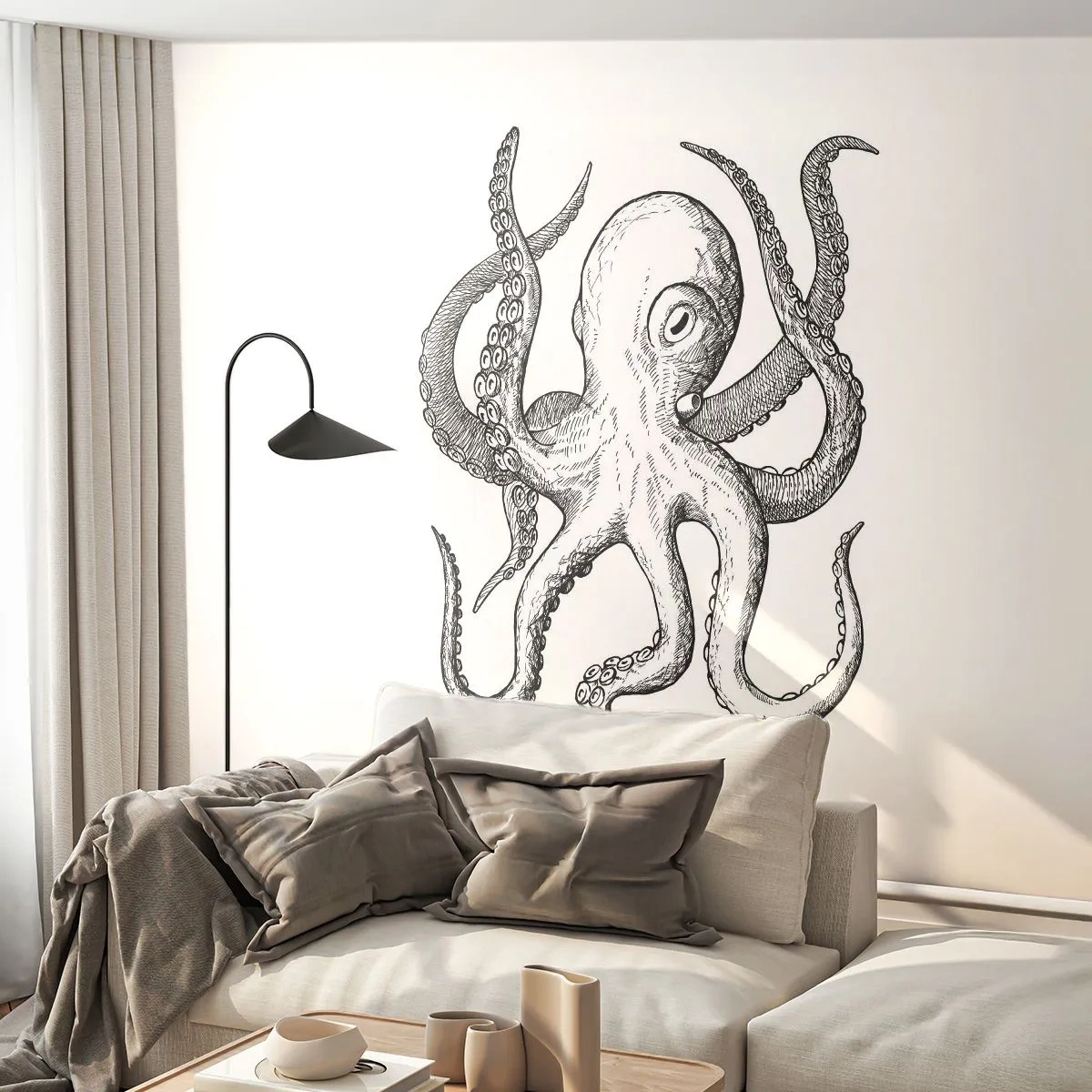 Photo Wallpaper Premium Sand - Dancing with the Waves - Octopus, Drawing, Seaside - 450x315 cm