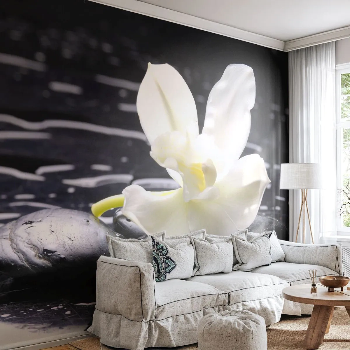 Photo Wallpaper Premium Sand - Study in Black and White - Flowers, Stones, Orchid - 100x70 cm
