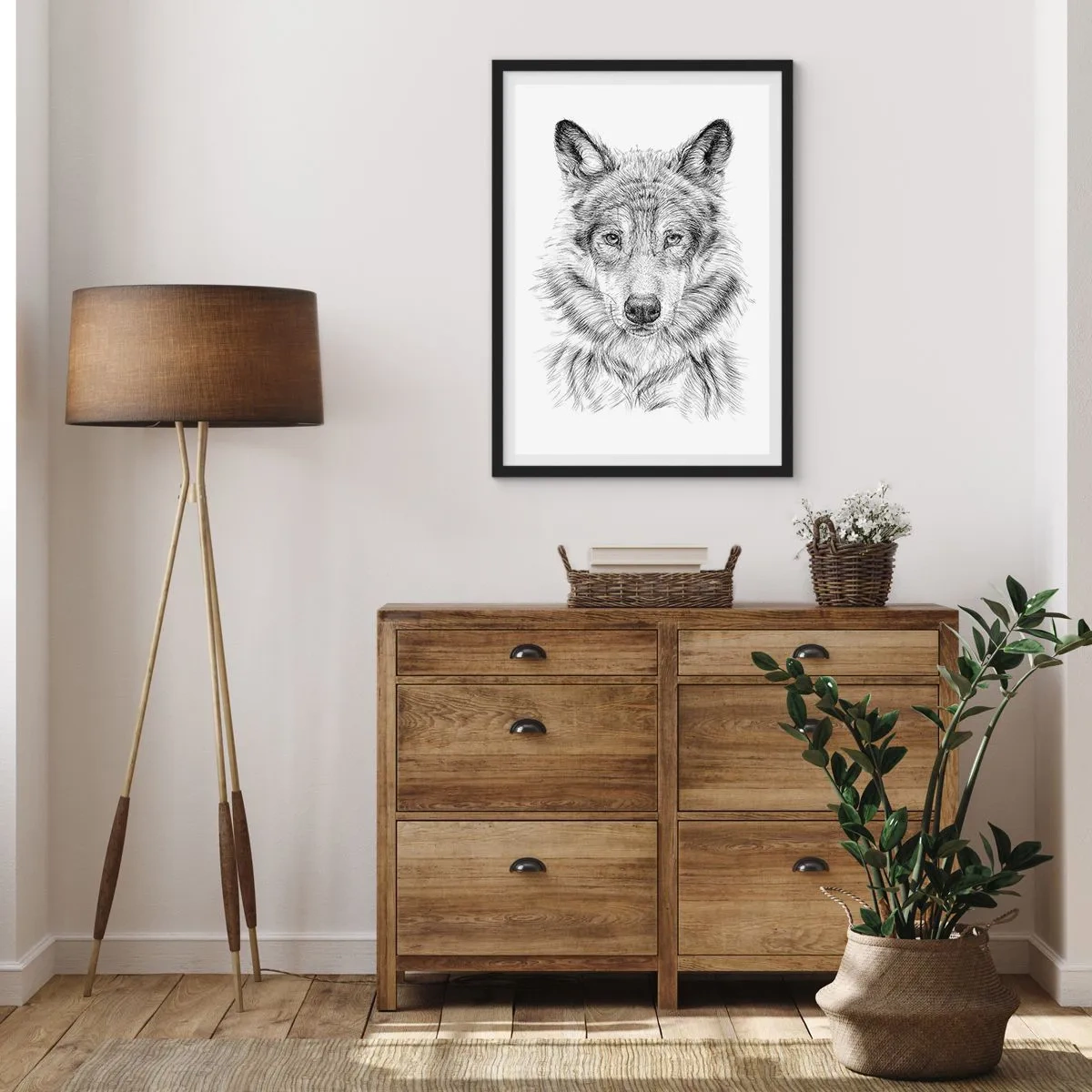 Poster in black frame - Detailed drawing of a wolf in black and white style - 50x70cm - Born Leader - Modern wall decoration for the living room and bedroom ARTTOR