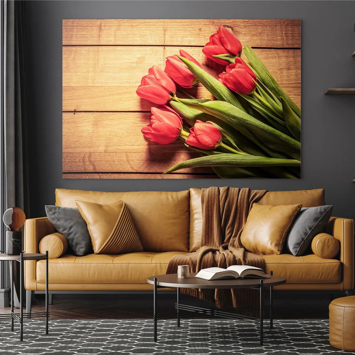 Glass picture - Red tulips on a wooden board - 70x50cm - Spring Confession - Modern wall decoration for the living room and bedroom ARTTOR