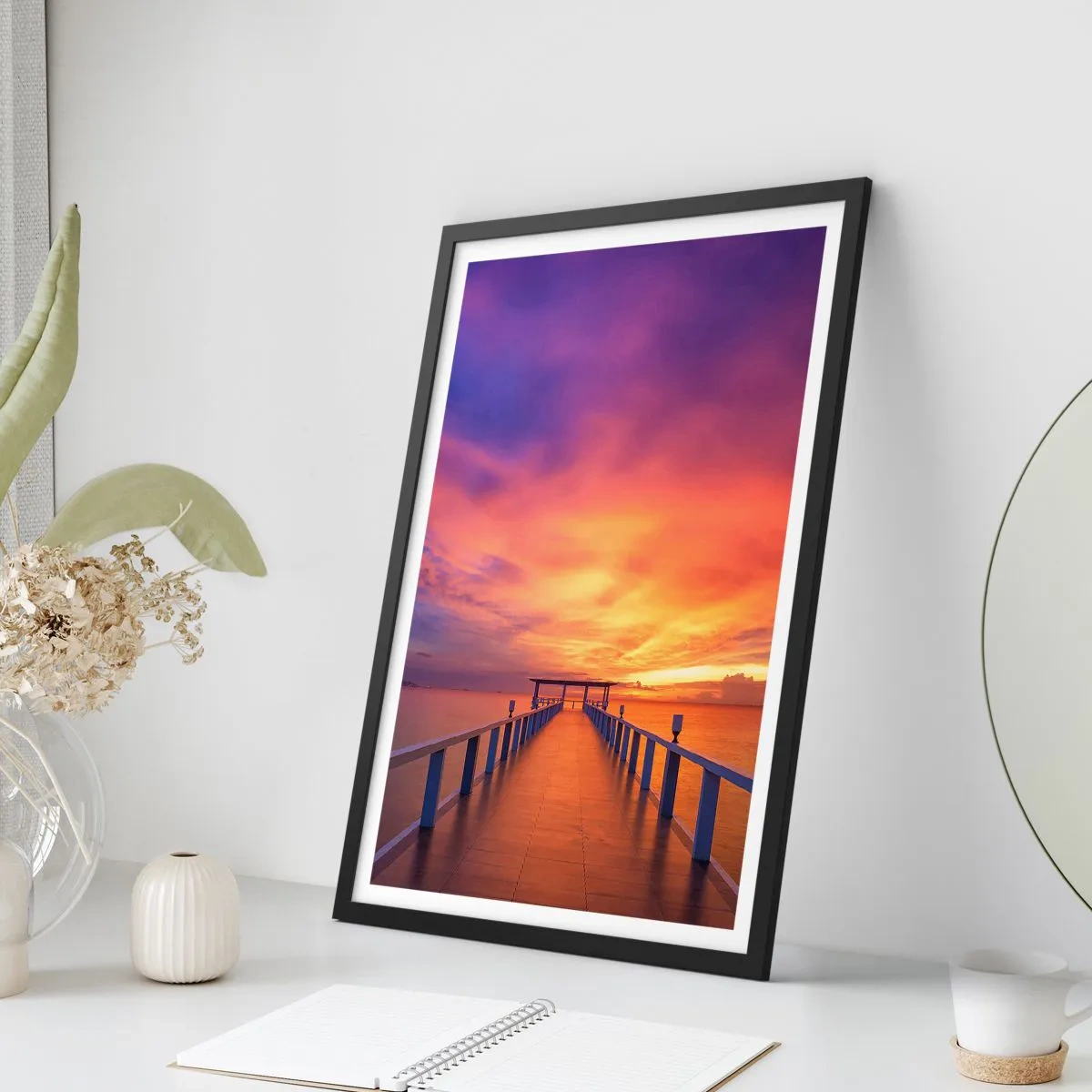 Poster in black frame - The jetty against the backdrop of a spectacular sunset - 50x70cm - Limitless - Modern wall decoration for the living room and bedroom ARTTOR