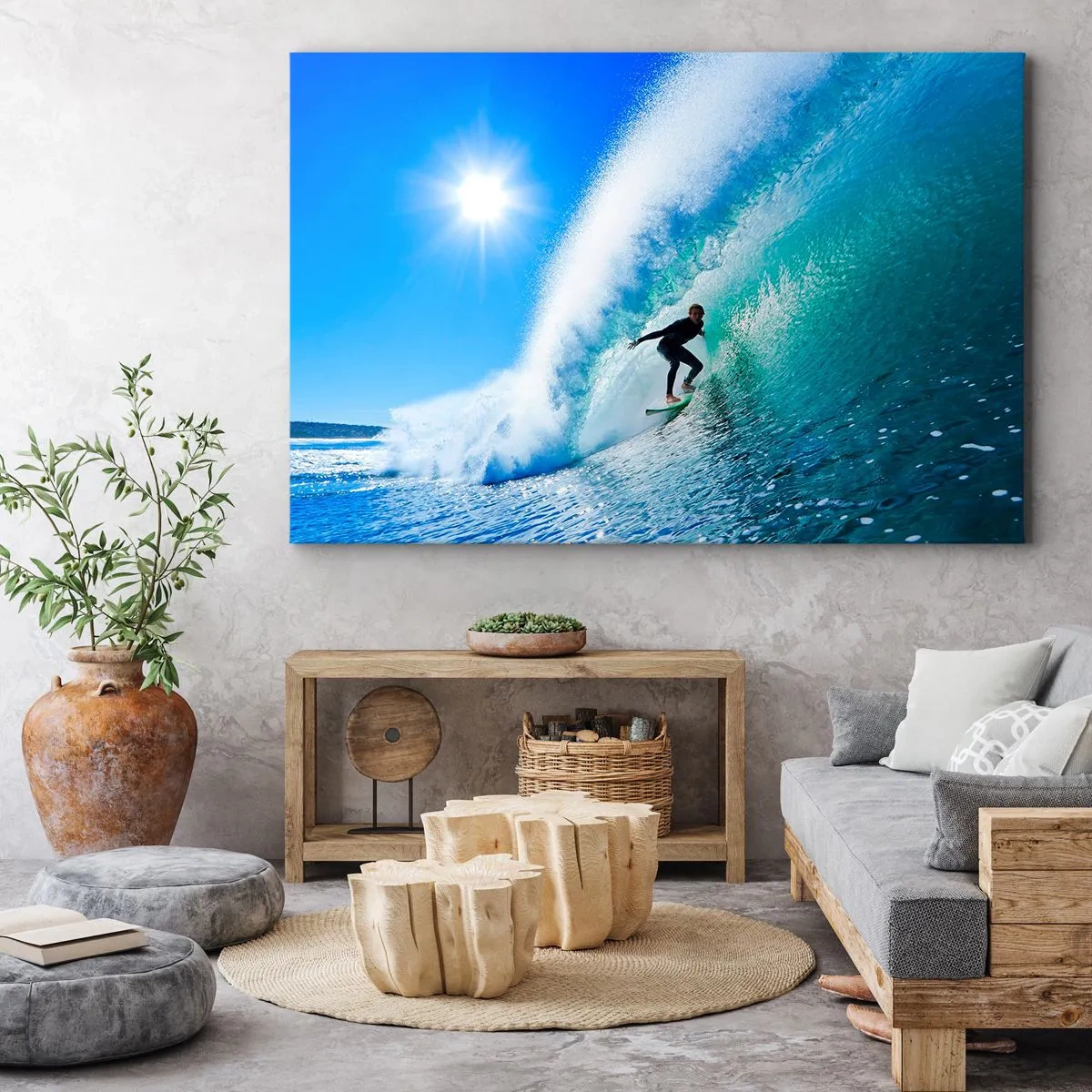 Canvas picture - A surfer on a board rides inside a powerful wave under a blue sky. - 70x50cm - Across Great Blue - Modern wall decoration for the living room and bedroom ARTTOR