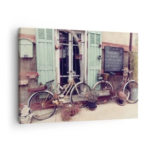 Canvas picture - Vintage bicycles in front of a wooden door with pastel shutters - 70x50cm - Long Live Province - Modern wall decoration for the living room and bedroom ARTTOR