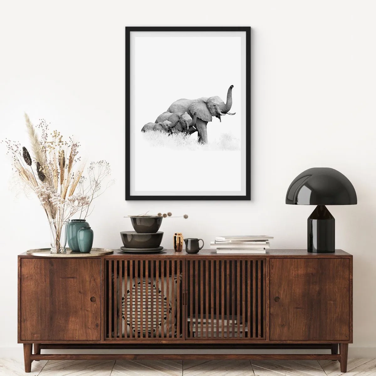 Poster in black frame - black and white portrait of an elephant family in the savannah. - 50x70cm - One, Two, Three - Modern wall decoration for the living room and bedroom ARTTOR