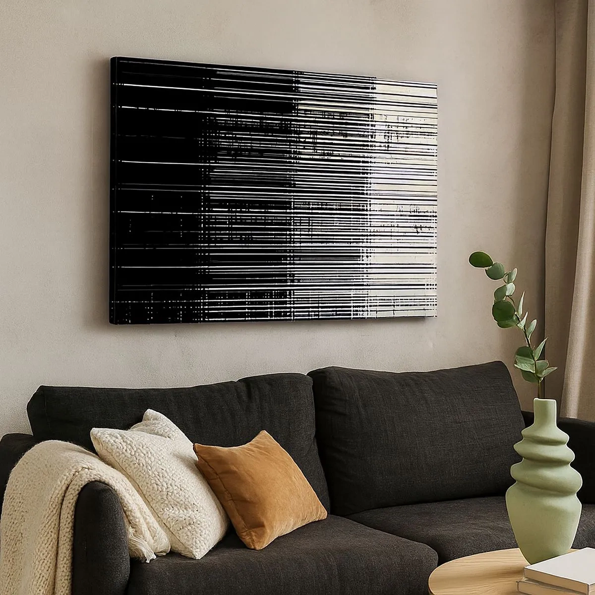 Canvas picture - Abstract composition of lines in contrasting black and white - 70x50cm - Waves and Vibrations - Modern wall decoration for the living room and bedroom ARTTOR