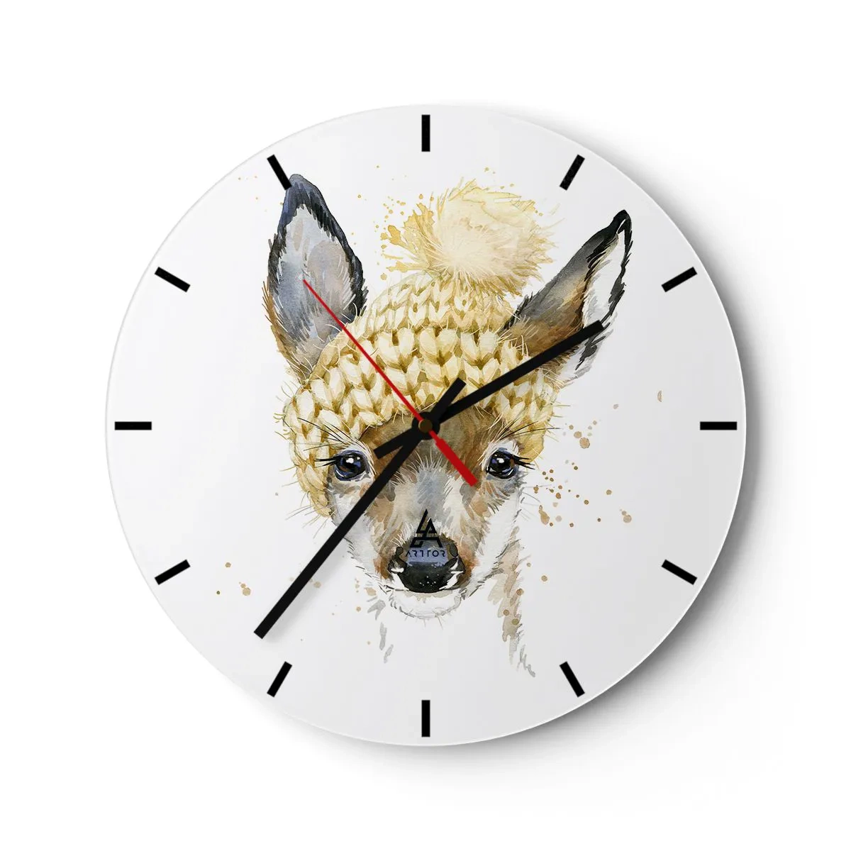 Wall clock - Clock on glass - cute deer in a winter hat - 30x30cm - For Winter in a Snowy Forest - Modern wall decoration for the living room, kitchen, and bedroom ARTTOR