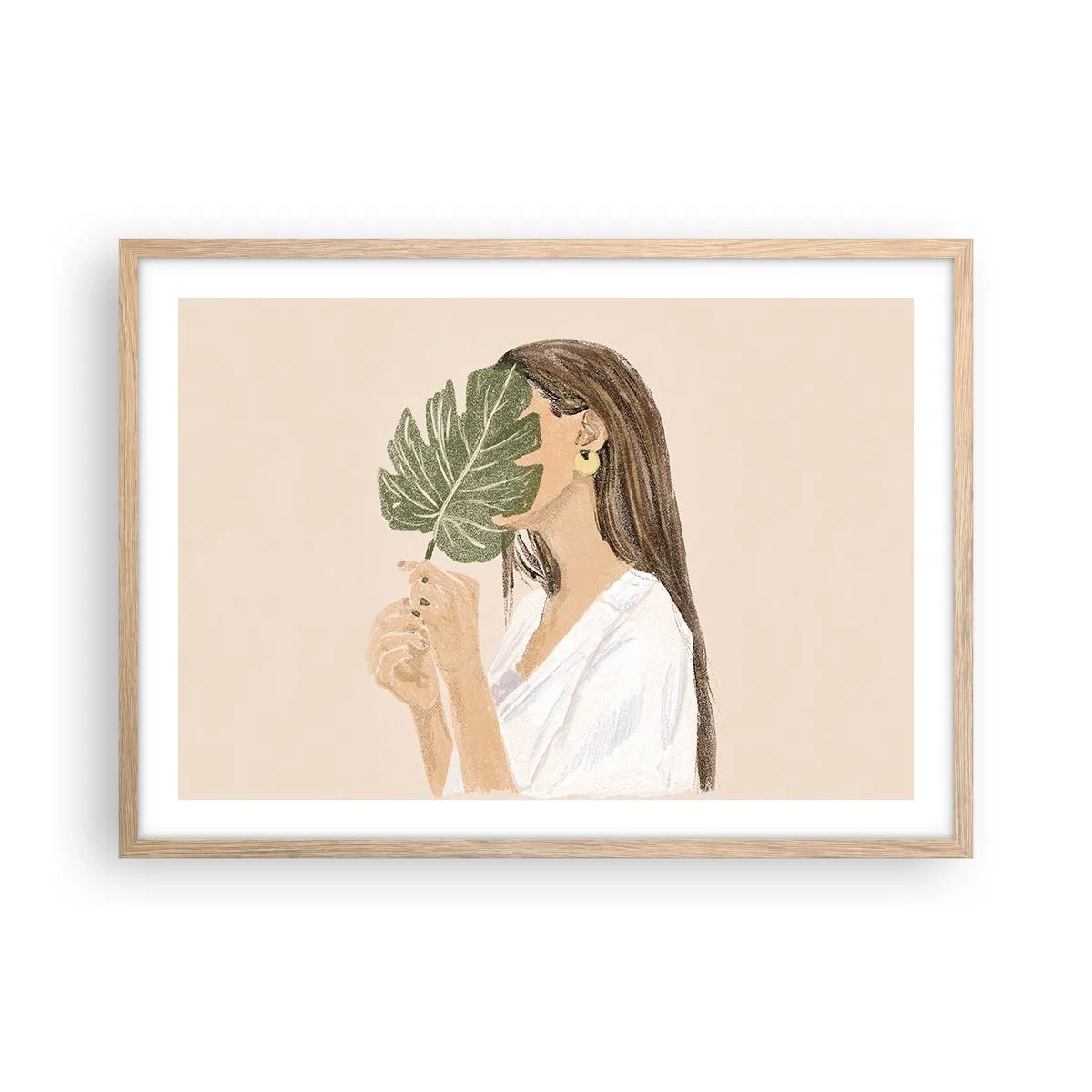 Poster in light oak frame - Mysterious Portrait with a Fan - 70x50 cm