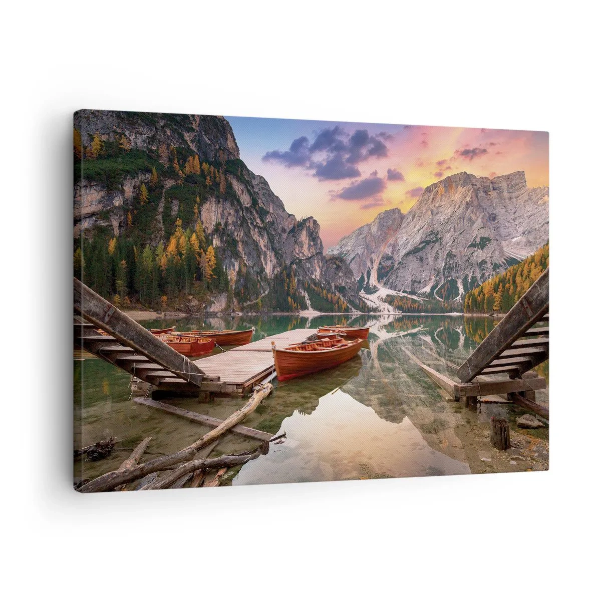 Canvas picture - Mountain lake with boats at sunset - 70x50cm - Promise of a Day - Modern wall decoration for the living room and bedroom ARTTOR