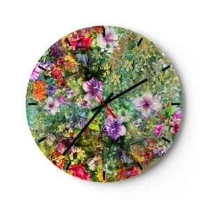 Wall clock - Clock on glass - Colorful flowers in an artistic arrangement - 30x30cm - Lost in the Flowers - Modern wall decoration for the living room, kitchen, and bedroom ARTTOR