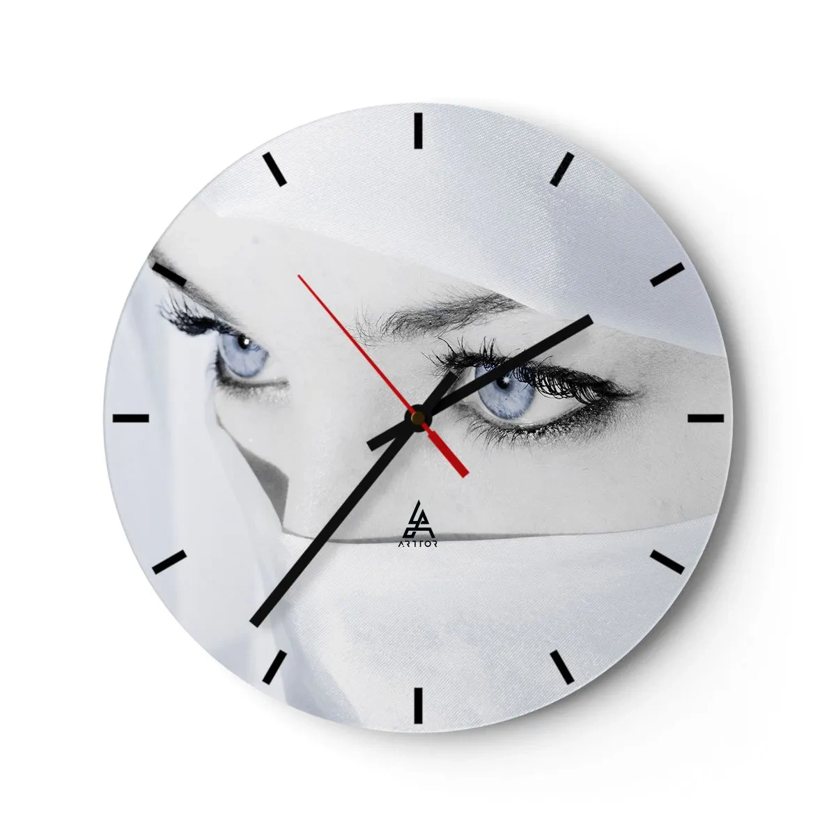 Wall clock - Clock on glass - The mysterious look of blue eyes in white - 30x30cm - Straight from 1001 Nights - Modern wall decoration for the living room, kitchen, and bedroom ARTTOR
