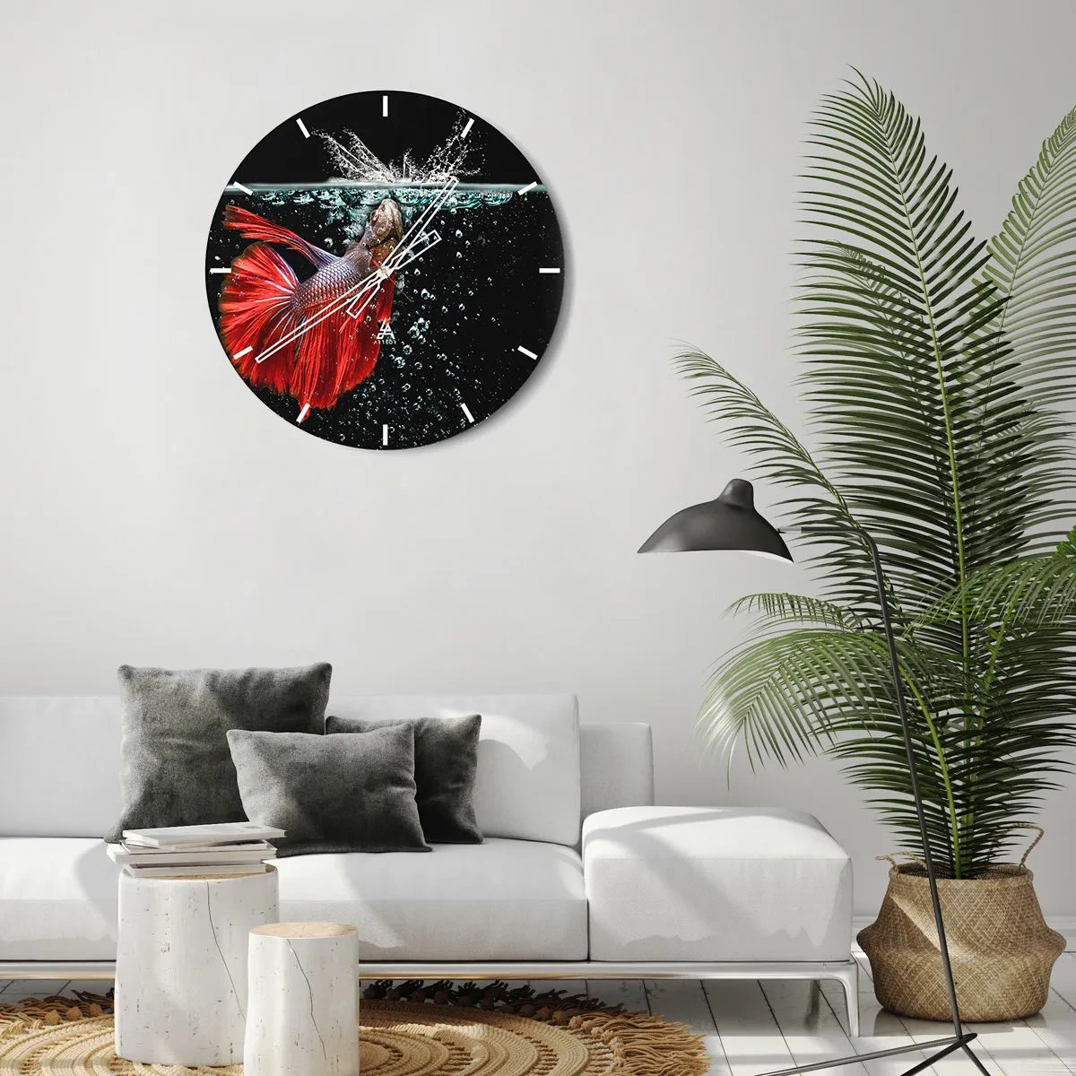 Wall clock - Clock on glass - A red fish in a dynamic shot with water and bubbles - 30x30cm - You Have Three Wishes - Modern wall decoration for the living room, kitchen, and bedroom ARTTOR