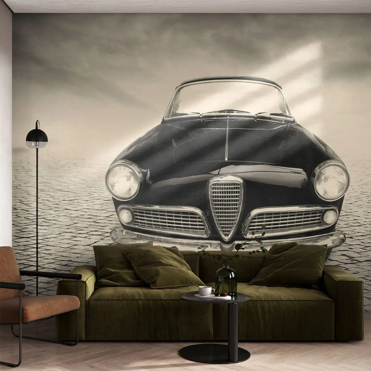 Photo Wallpaper Premium Sand - How Can You not Love Me? - Car, Vintage, Black and white - 150x105 cm
