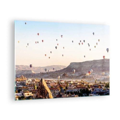 Glass picture - Balloon flight over Cappadocia in the morning light - 70x50cm - Like Ships in the Sky - Modern wall decoration for the living room and bedroom ARTTOR