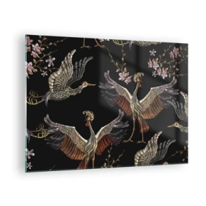 Glass picture - Birds in flight with flowers on a black background, retro style - 70x50cm - Fairy Tale Bird - Modern wall decoration for the living room and bedroom ARTTOR