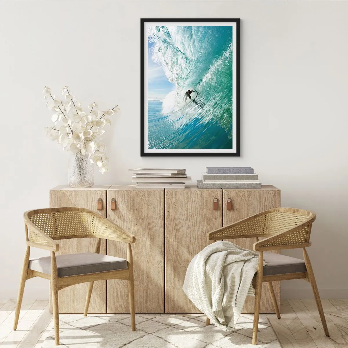 Poster in black frame - Surfer on a wave in the sunlight - 50x70cm - Riding the Wave - Modern wall decoration for the living room and bedroom ARTTOR