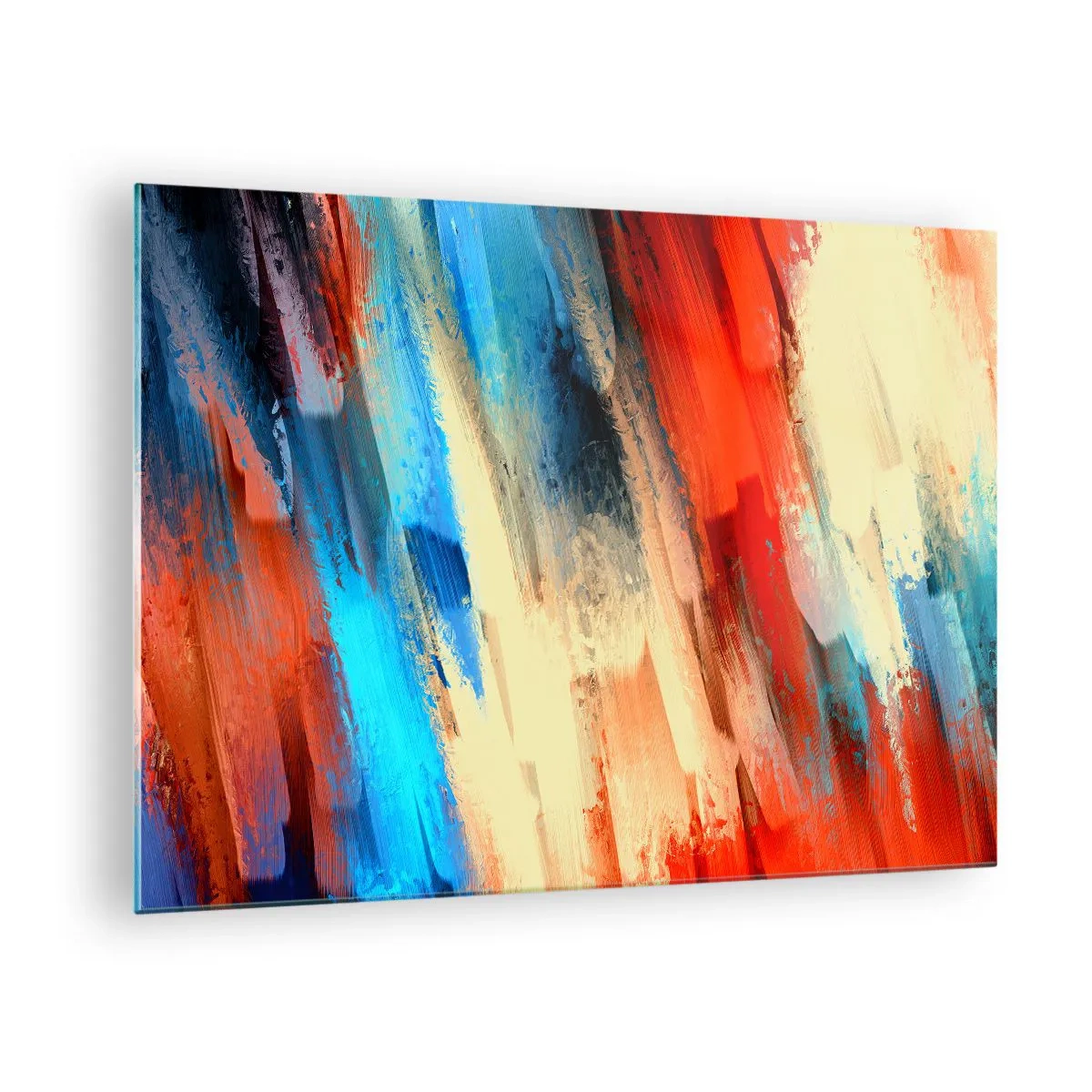 Glass picture - Abstract brush strokes in shades of blue, red, and beige - 70x50cm - Cascade of Colours - Modern wall decoration for the living room and bedroom ARTTOR